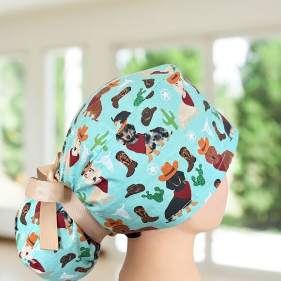 Teal Dachshund Ponytail Scrub Cap~ CNA, RN, MD, Vet, Tech, Gift - Picture 3 of 4